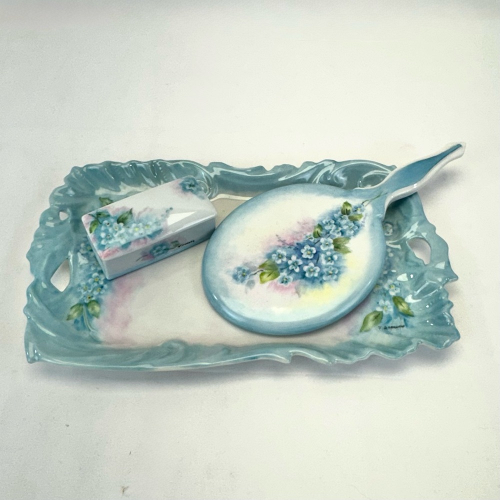 Antique Victoria Hand Painted Porcelain Vanity tray Set with hand mirror & box